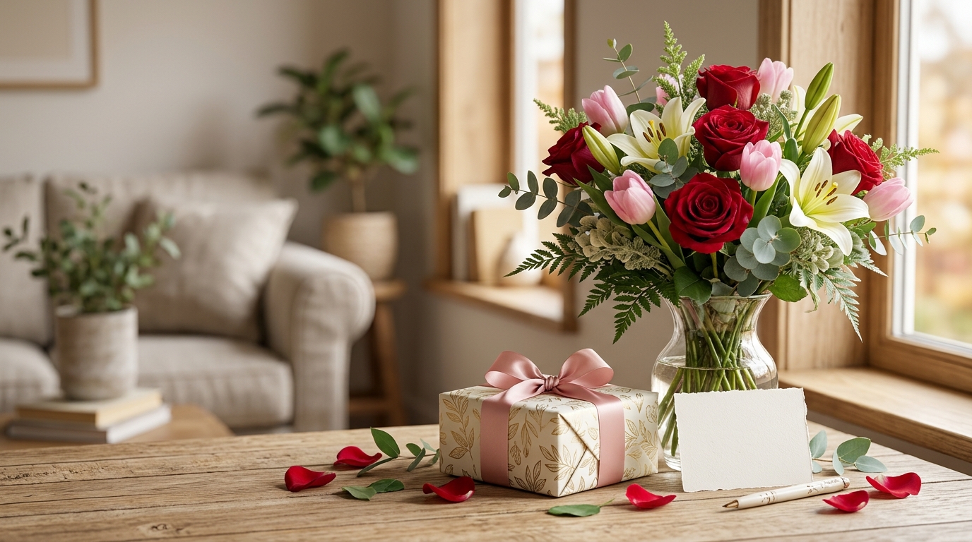 A colorful bouquet of roses, tulips and lilies with a gift box and ribbon on a bright table, representing flower gift ideas for every occasion