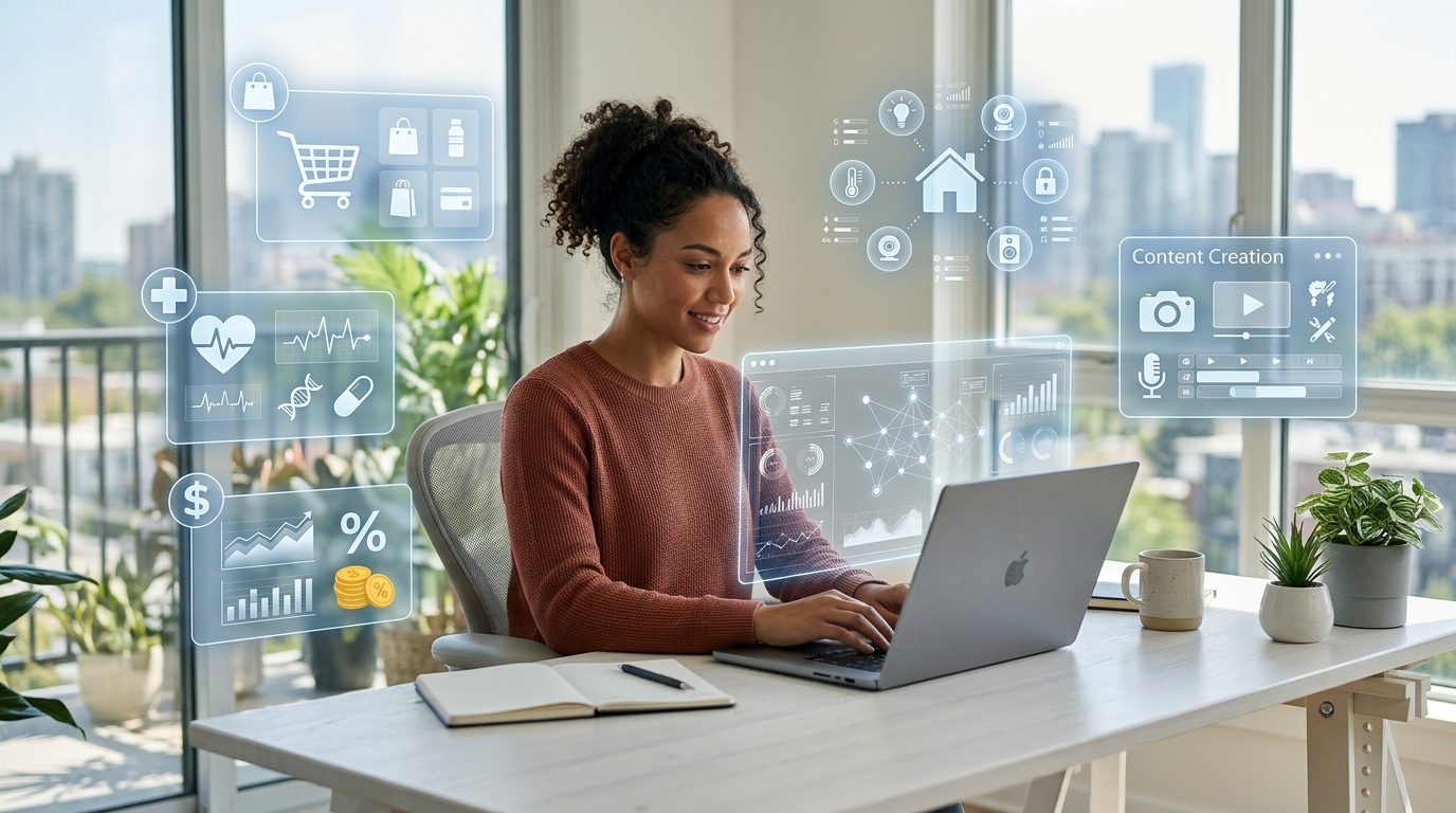 Professionals using AI technology for business, healthcare, shopping, education, and smart home automation