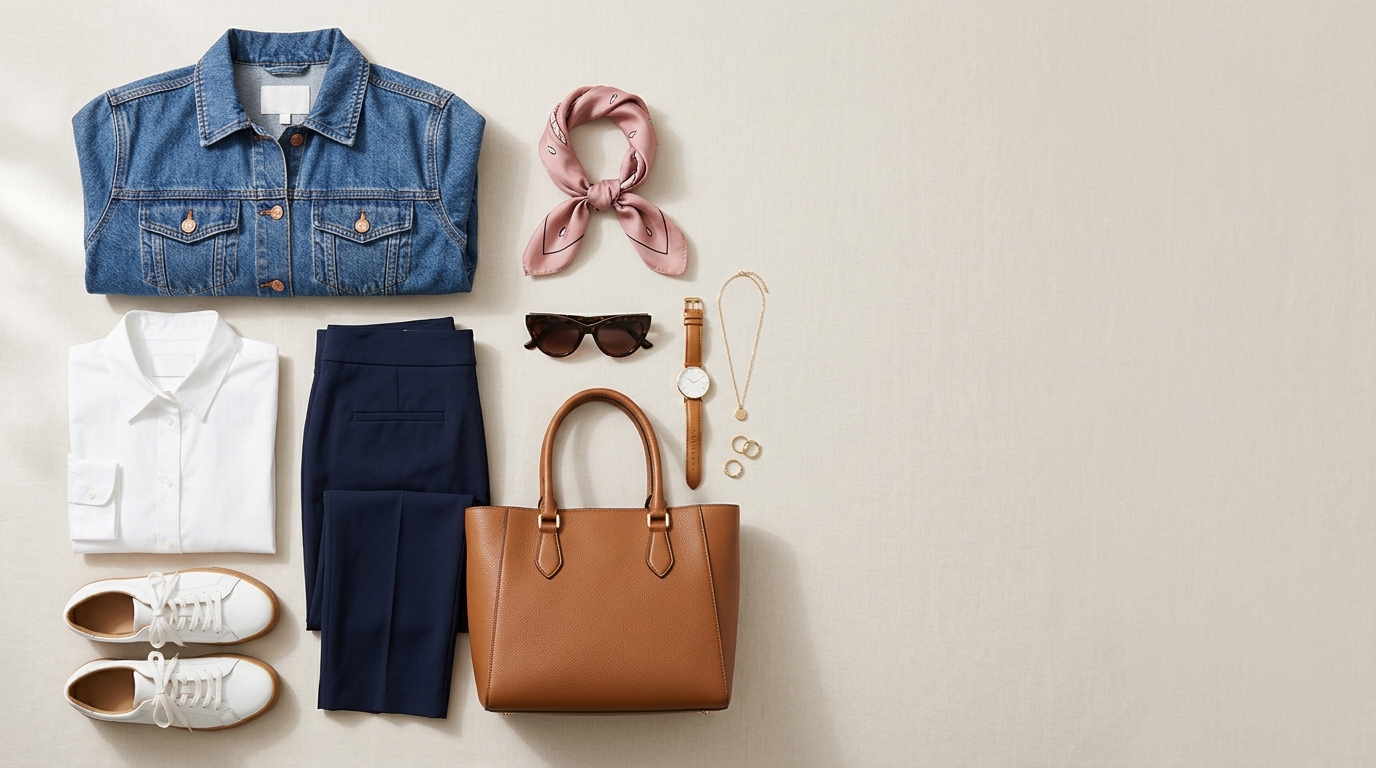 A stylish flat lay of a denim jacket, white sneakers, sunglasses, a leather bag and neutral outfit pieces arranged on a clean background, showing fashion style ideas