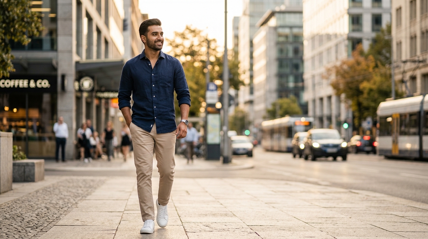 Stylish man in navy button-down shirt and beige chinos showing men’s fashion tips for everyday style on a budget