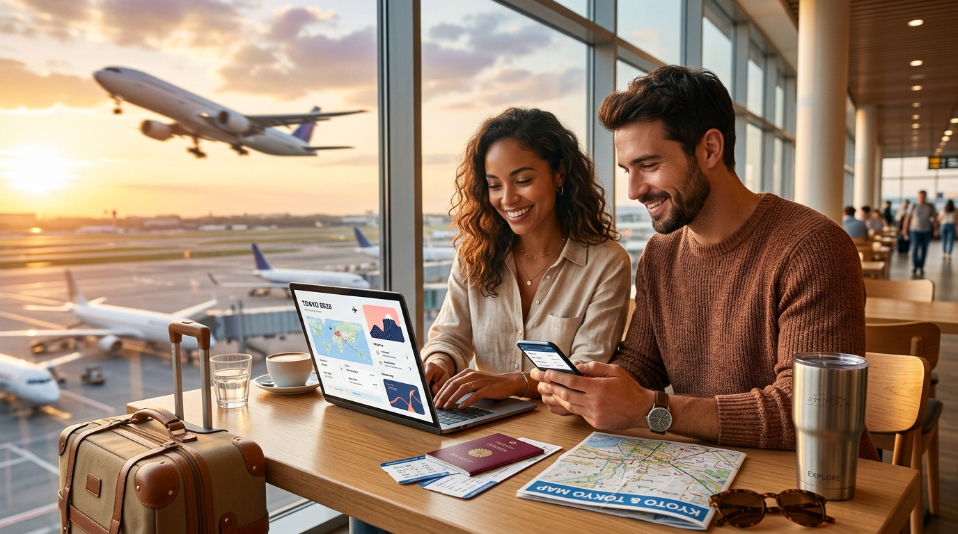 Couple planning a budget-friendly trip with passport, boarding passes, laptop and travel essentials at an airport café
