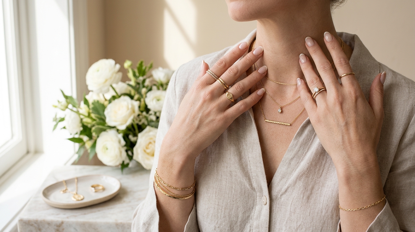 Women’s jewelry fashion with layered gold necklace, rings, and nude French tip nails