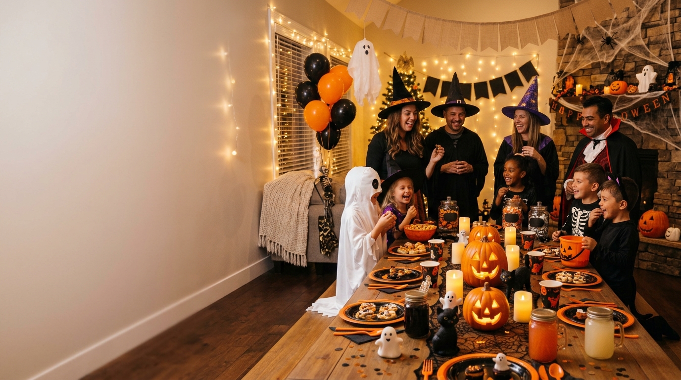 Best Halloween party ideas for adults and kids with a wide landscape view of spooky decorations, pumpkin table setup, costumes, snacks, and themed party supplies