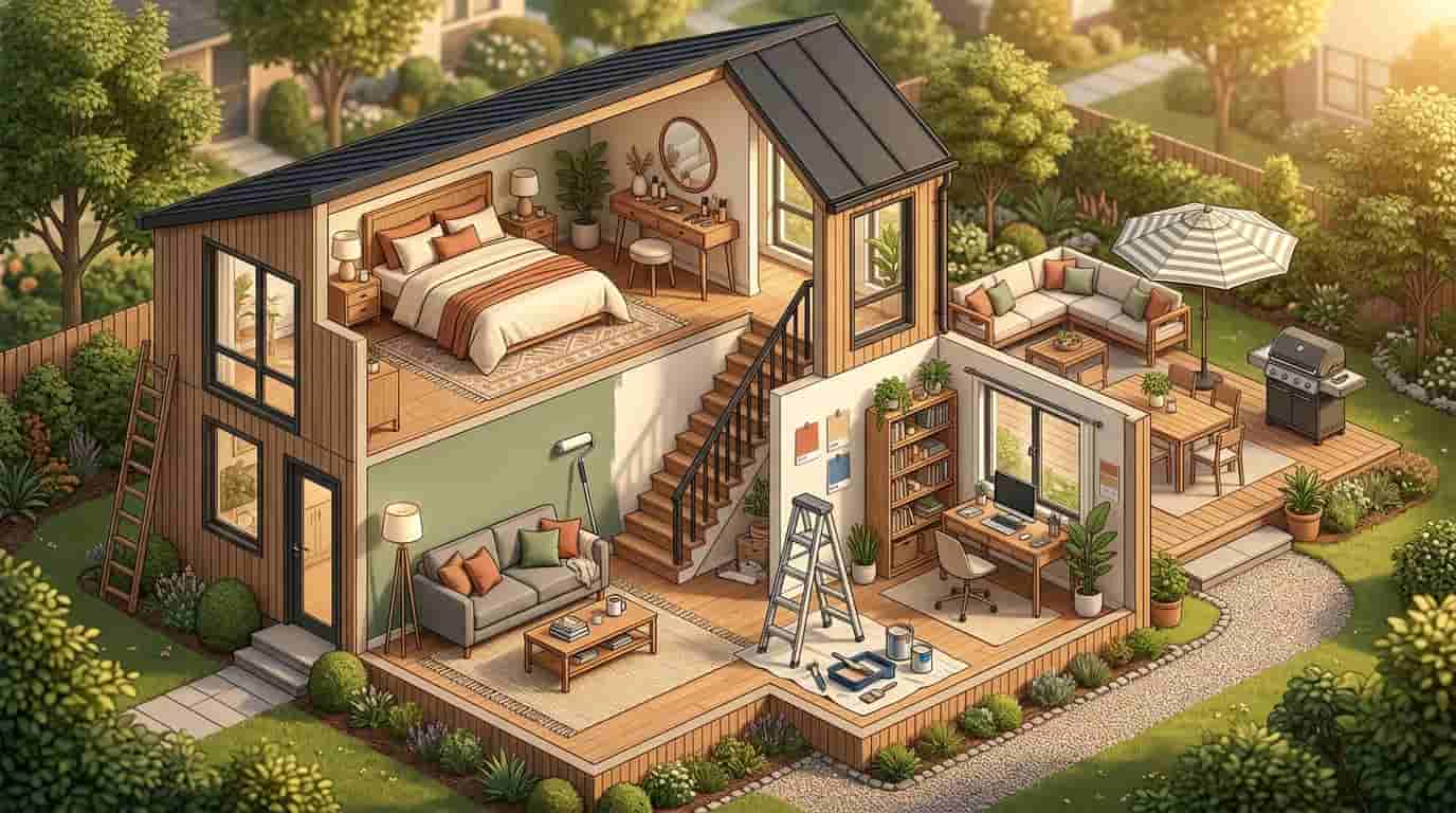 Cutaway view of a modern home mid-renovation showing a living room with rug, home office, bedroom, patio and grill