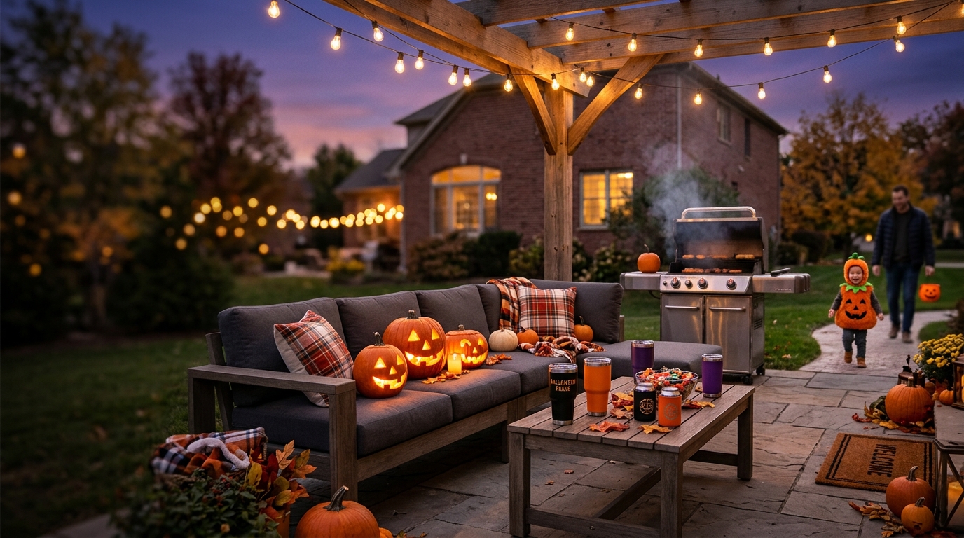 Halloween night porch with glowing pumpkin lantern and festive lights