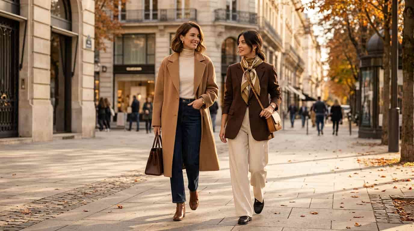 Stylish woman wearing chocolate brown coat and plaid trousers showcasing 2026 fall fashion trends